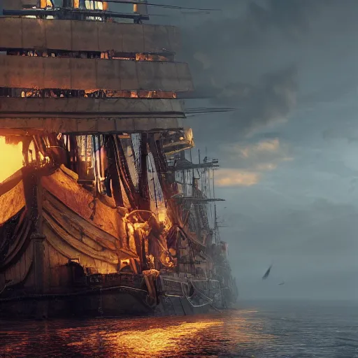 Image similar to the swedish 1 7 th century warship vasa, octane render, deviantart, greg rutkowski, cinematic, key art, hyperrealism