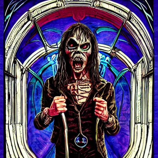 Image similar to portrait of Eddie (Iron Maiden). Art Nouveau, Neo-Gothic, gothic, rich deep moody colors.
