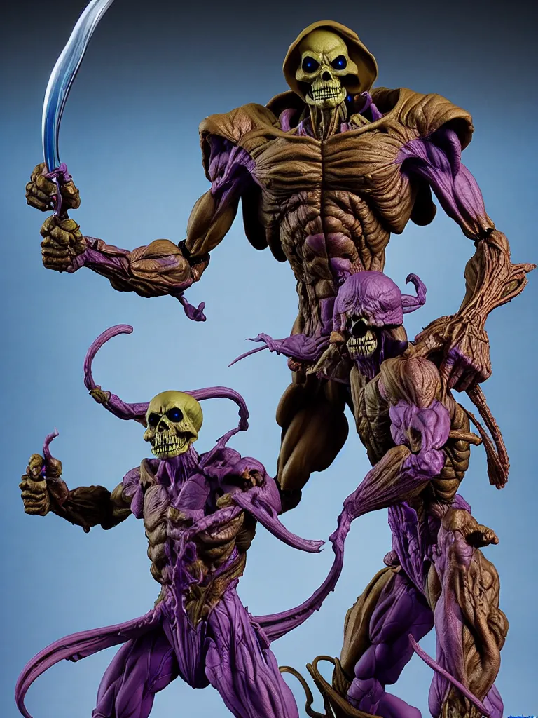 Image similar to hyperrealistic rendering, skeletor by bernie wrightson and killian eng and joe fenton, product photography, action figure, sofubi, studio lighting, colored gels