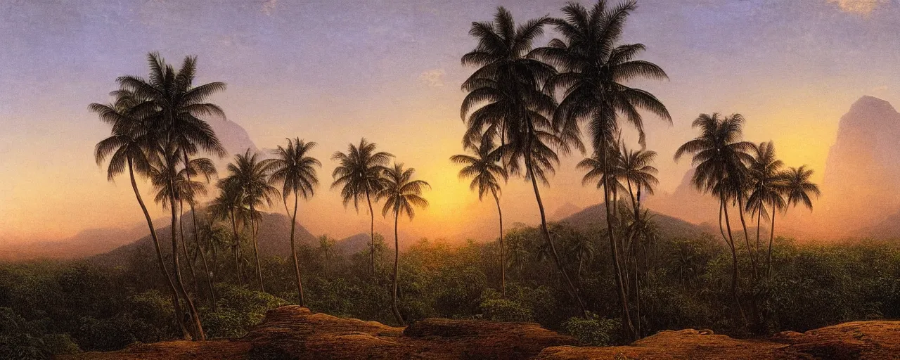 Prompt: oil painting of a sri lankan landscape at sunset, coconut trees in the foreground, t rex in the valley, mountain sunset in the background, volumetric lighting, volumetric shadows, realistic oil painting by gustave dore, - h 6 4 0,