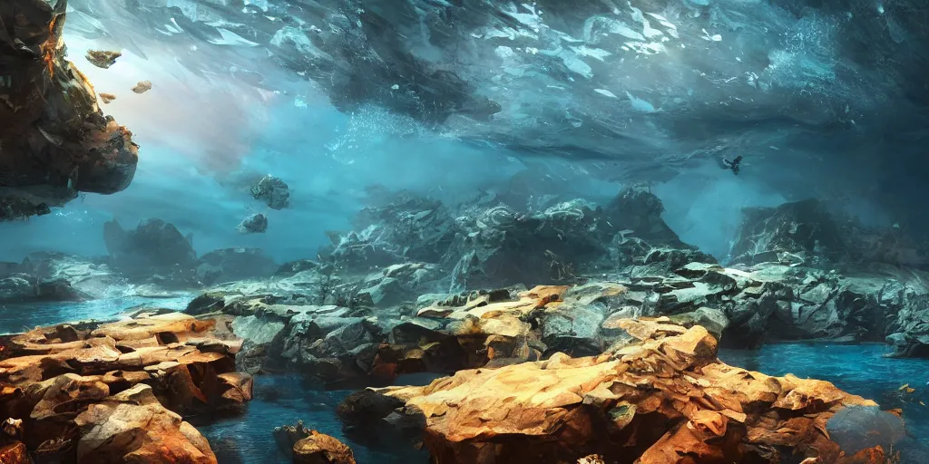 Image similar to underwater enviroment, unreal 5, hyperrealistic, realistic, photorealistic, dynamic lighting, highly detailed, cinematic landscape, studio landscape, studio lighting