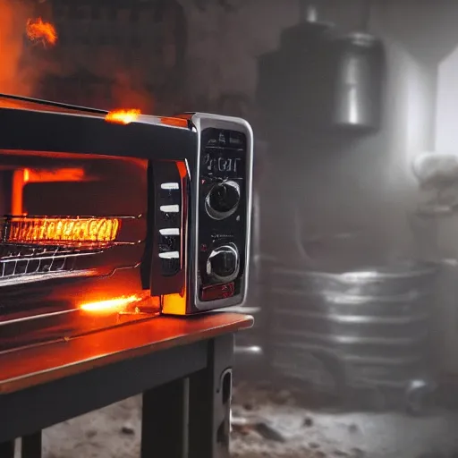 Image similar to toaster oven connected to 1 0 0 cables, symmetry, dark messy smoke - filled cluttered workshop, dark, dramatic lighting, orange tint, sparks, cinematic, highly detailed, sci - fi, futuristic, movie still