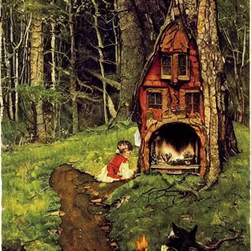 Image similar to witch cottage in the forest, art by norman rockwell