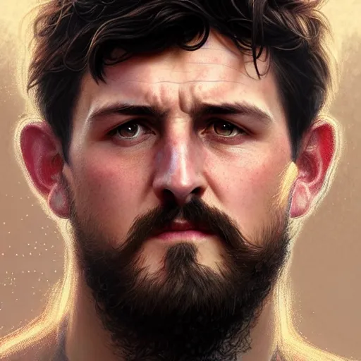 Image similar to Harry Maguire with a majestic beard, closeup, D&D, fantasy, intricate, elegant, highly detailed, digital painting, artstation, concept art, matte, sharp focus, illustration, art by Artgerm and Greg Rutkowski and Alphonse Mucha