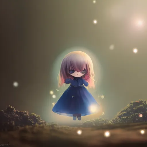 Image similar to cute fumo plush girl gazing into a crystal ball swirling with strange energy, smoke and volumetric fog, witch girl, soothsayer, lens flare glow, chibi anime, vray