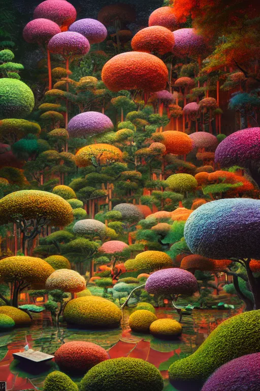 Image similar to japanese psychedelic garden, part by robert beatty, part by james jean, part by ross tran, part by jacek yerka, part by leslie zhang, surreal, highly detailed, beautiful detailed intricate insanely detailed octane render trending on artstation, 8 k artistic photography, photorealistic, volumetric cinematic light, chiaroscuro