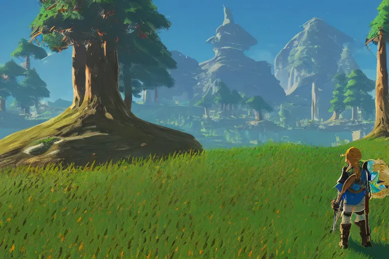 Prompt: detailed scenery from the legend of zelda breath of the wild, breath of the wild art style, 4 k.