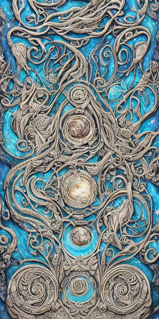 Image similar to intricate colourfully painted carved Soapstone relief paneling, white and pale blue , celestial, cosmos, galaxies, planets, divinity, moon goddess, mother earth, Earth Goddess mythology, Gaia, angels, dream atmosphere, Ghostly, crystaline celtic, insanly detailed , artstation, wallpaper, hyper realistic, realistic lighting