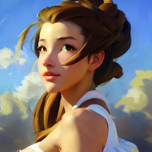 Image similar to Greg Manchess portrait painting o Aerith Gainsborough as Overwatch character, medium shot, asymmetrical, profile picture, Organic Painting, sunny day, Matte Painting, bold shapes, hard edges, street art, trending on artstation, by Huang Guangjian and Gil Elvgren and Sachin Teng