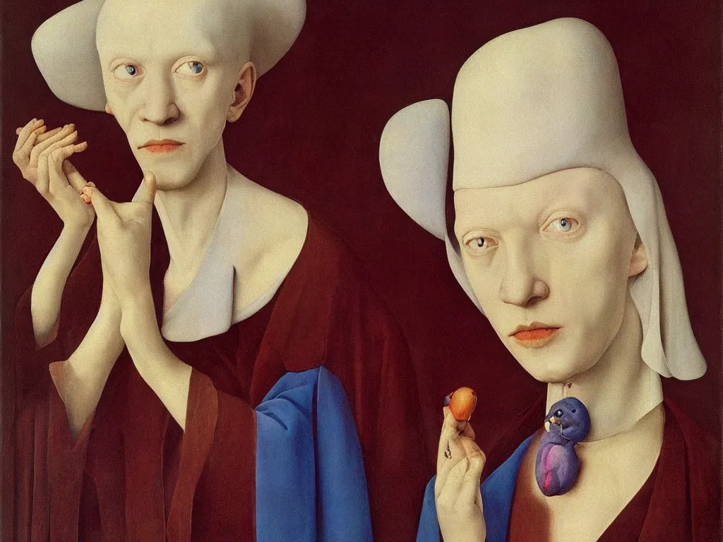 Image similar to portrait of albino mystic with blue eyes, with beautiful exotic orchid. Painting by Jan van Eyck, Audubon, Rene Magritte, Agnes Pelton, Max Ernst, Walton Ford