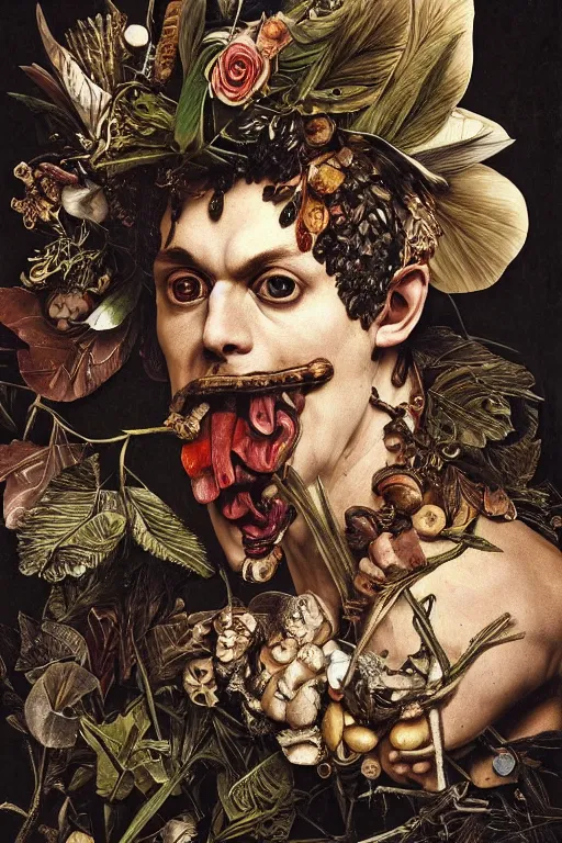 Prompt: Detailed maximalist portrait a Greek god with large lips and with large white eyes, exasperated expression, botany bones, with extra fleshy bits, HD mixed media 3d collage, highly detailed and intricate, surreal illustration in the style of Caravaggio, dark art, baroque