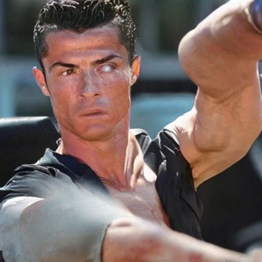 Prompt: movie still of cristiano ronaldo as mccauley in the movie Heat,