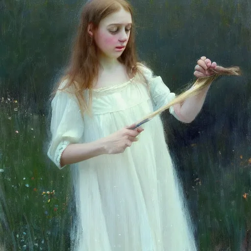 Image similar to girl in summer dress, brushing her long hair, jeremy lipking, joseph todorovitch