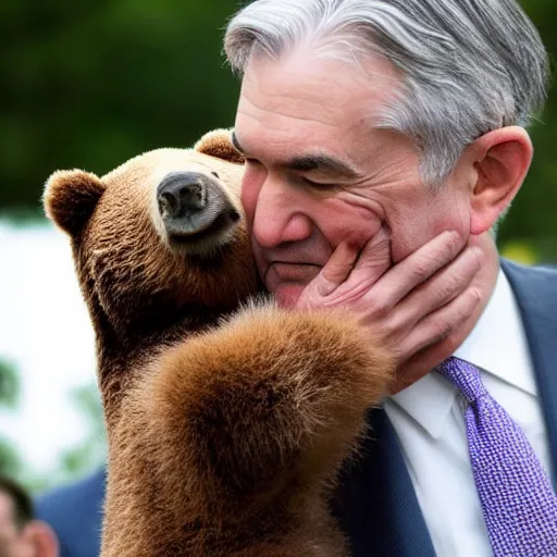 Image similar to Jerome Powell hugging a bear