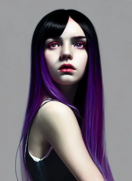 Image similar to portrait of teenage girl with white bangs, red irises, bangs, black and white hair, purple clothes, white bangs, bangs are different color from hair, intricate, elegant, glowing lights, highly detailed, digital painting, artstation, concept art, smooth, sharp focus, illustration, art by wlop, mars ravelo and greg rutkowski