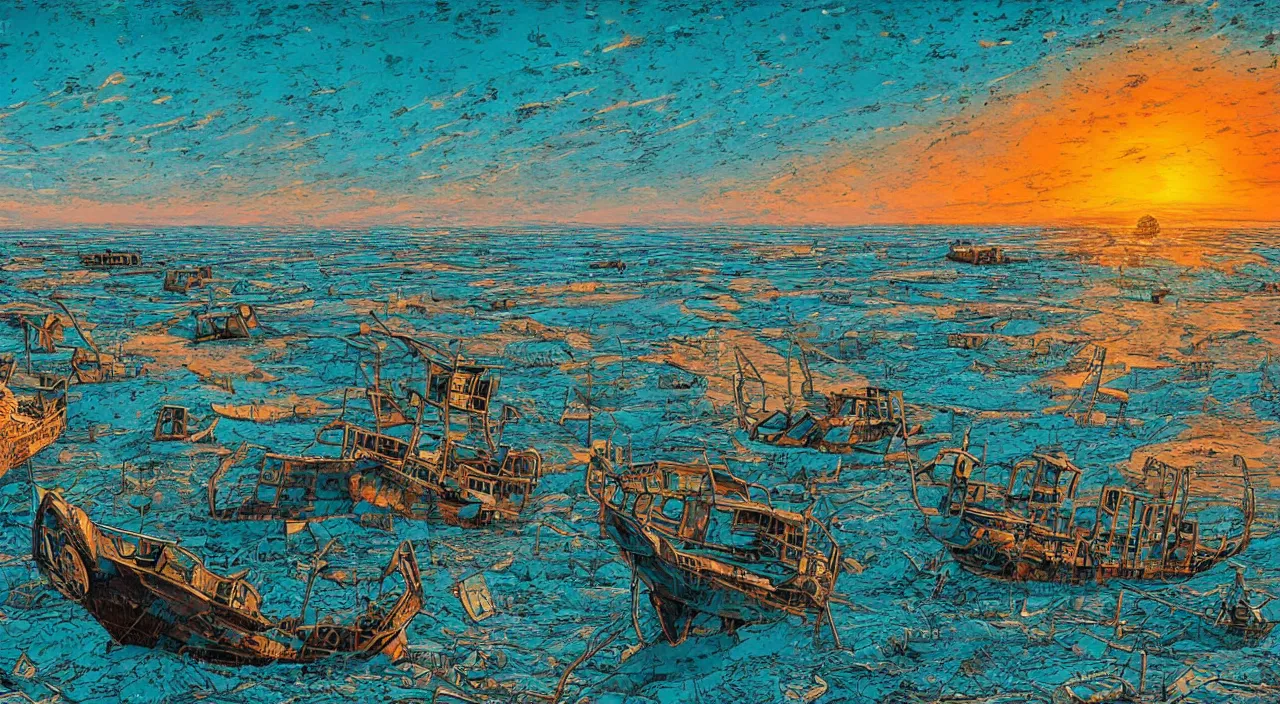 Prompt: abandoned ships in the aral sea desert, setting sun, by Dan Mumford and Peter Doig, photorealistic, 4k, very detailed