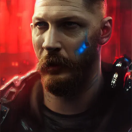 Image similar to tom hardy, cyborg, implant, hacker, cyberpunk, painted by seb mckinnon, high detail, dramatic light, digital art, painted by greg rutkowski, promotional movie posterart, trending on artstation