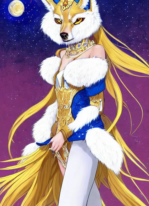 Image similar to commissioned full body portrait of a female anthro wolf princess fursona with white fur and long red hair hair wearing a blue and gold Japanese armored dress in a white and gold palace on a starry night with a large crescent moon, by a professional manga illustrator, by Kilian Eng, by Sandra Chevrier, trending on artstation