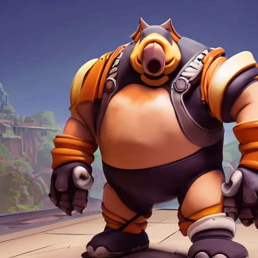 Image similar to roadhog from overwatch in style of the 1 9 9 0 disney cartoon, cinematic shot, octane render