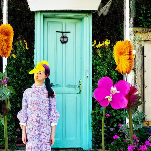 Image similar to giant flower head, full body, girl standing in front of house, surreal, symmetry, mid century, bright colours, blue sky, realistic, wes anderson