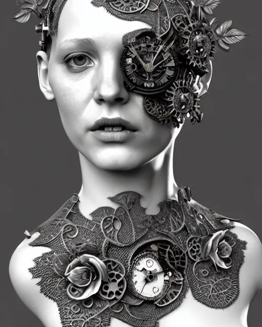 Image similar to monochrome 3 d model, 1 8 7 0 picture, silver mesh floral steampunk biomechanical beautiful young female cyborg with porcelain profile face and a techno eye, volumetric light, leaves foliage and stems, hibiscus flowers, sinuous fine roots, fine foliage lace, alexander mcqueen, rim light, big gothic fashion pearl embroidered collar, octane render, 8 k