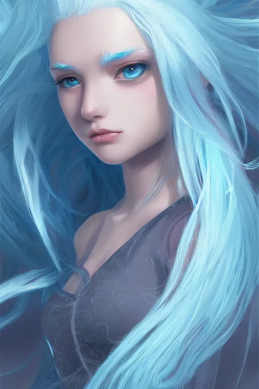 Image similar to teen girl, light blue white hair, gorgeous, amazing, elegant, intricate, ocean, highly detailed, digital painting, artstation, concept art, sharp focus, illustration, art by Ross tran