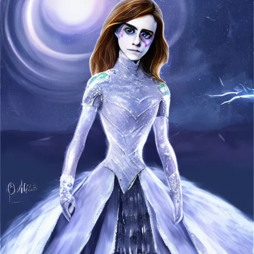 Image similar to emma watson as the Queen of Ice, Ice crystal armor, concept art, 4k, digital art, trending on art station, hd, doll, color, high contrast, expansive backdrop