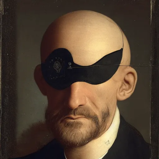 Prompt: a man wearing an eyepatch sitting