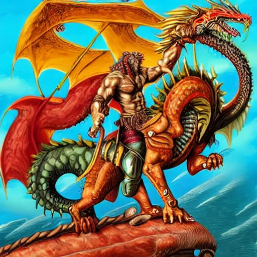 Image similar to full - color fantasy art by chris achilleos of a male barbarian riding a serpent - like dragon.