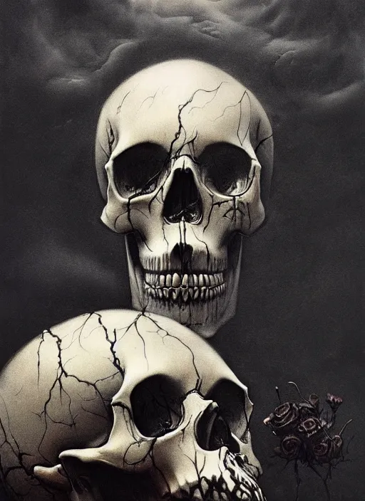 Prompt: skull surrounded by black roses, fog, cinematic shot, denis villeneuve movie still, wayne barlowe concept art, detailed, very coherent, high contrast masterpiece by emil melmoth