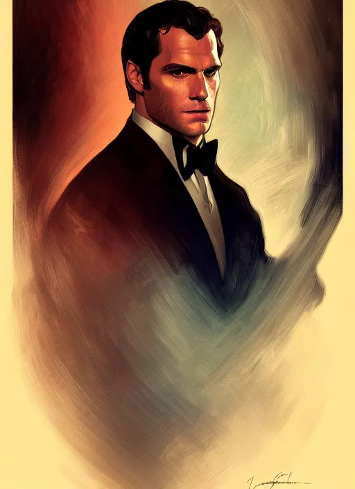 Image similar to portrait of henry cavill as james bond, casino, key art, falling, opulent, highly detailed, digital painting, artstation, concept art, cinematic lighting, sharp focus, illustration, by gaston bussiere alphonse mucha