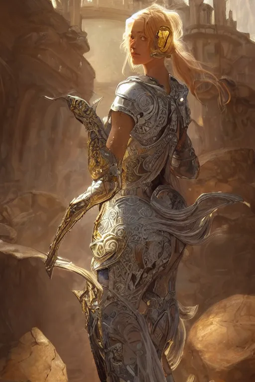 Image similar to portrait knights of Zodiac girl, silver and ice color reflected armor, in ruined Agora of Athens, ssci-fi, fantasy, intricate, very very beautiful, elegant, golden light, highly detailed, digital painting, artstation, concept art, smooth, sharp focus, illustration, art by tian zi and WLOP and alphonse mucha