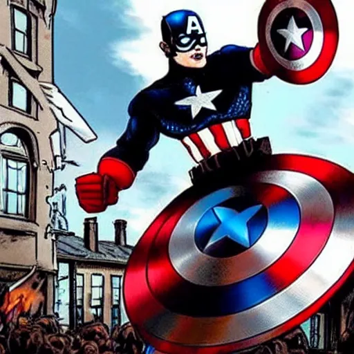 Prompt: photo of captain america fighting the english defence league in a british pub