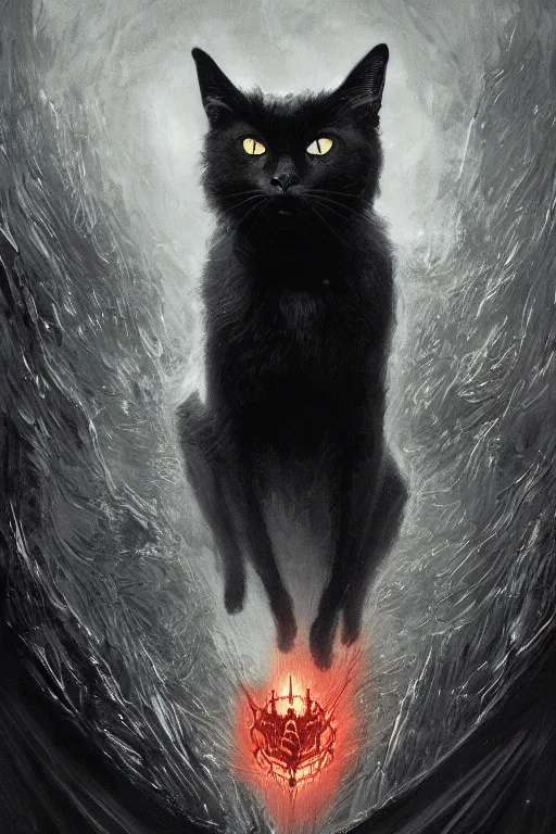 Image similar to artstation concept of a black cat as the dark lord sauron, dark mordor background, evil and dark, hyperdetailed, artstation trending, world renowned artists, worth1000.com, historic artworks society, antique renewel, cgsociety, by greg rutkowski, by Gustave Dore, Deviantart