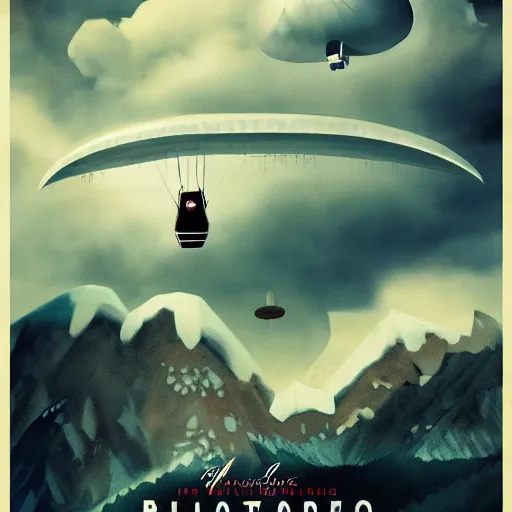 Image similar to a blimp in the sky above a snowy mountain, poster art by guillermo del toro, artstation, panfuturism, reimagined by industrial light and magic, official art, poster art