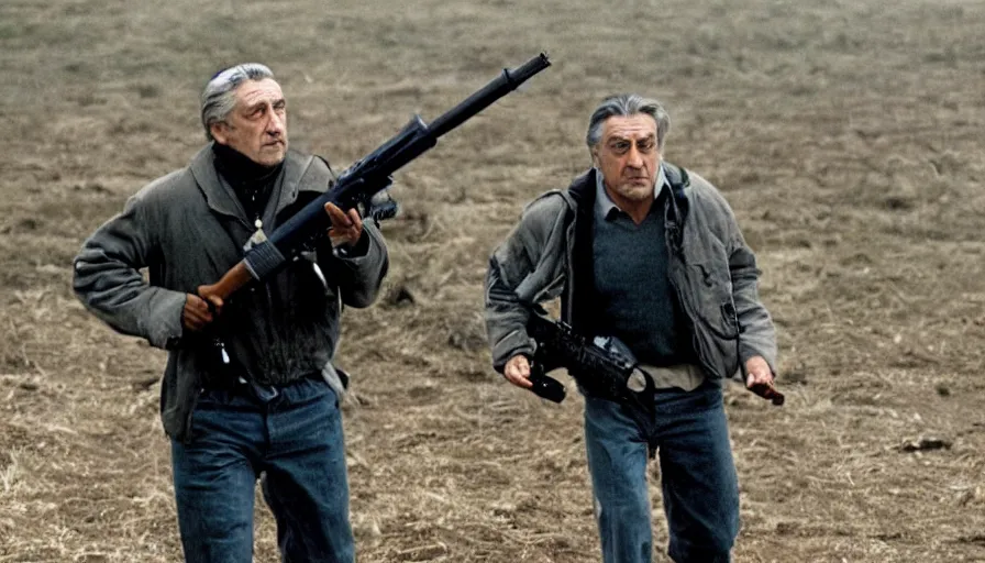 Prompt: Robert De Niro fires M16, movie still, sharp, highly detailed, hollywood movie