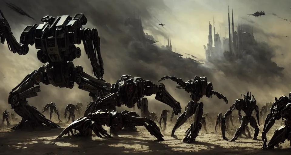 Image similar to hyper realistic sci - fi matte concept art painting of dramatic cinematic battle scene between humanoid zombie - battlemechs of flesh fighting, guns, missiles, explosions, beautiful details, strong composition painted by kim jung guweta studio rutkowski, james gurney and greg rutkowski, and lucasfilm, smooth, intricate, detailed, sharp focus, cinematic