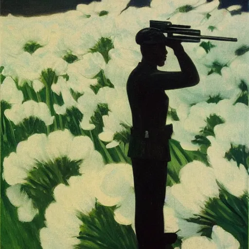 Prompt: black futuristic soldier on a land of white flowers by Edward Hopper