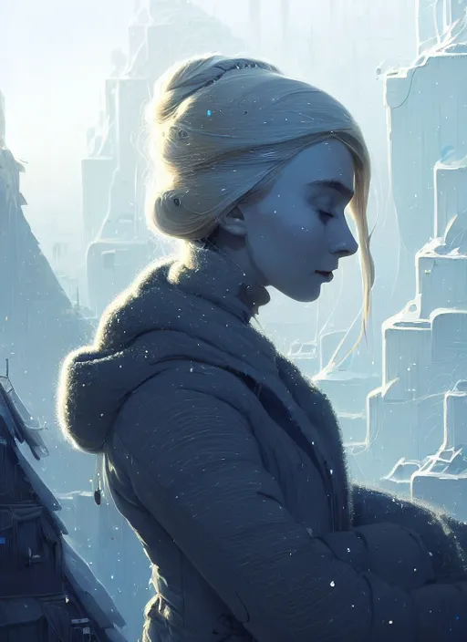 Image similar to highly detailed portrait of a hopeful frostpunk long blonde hair lady with curvy figure, stray wiring by atey ghailan, james gilleard, by joe fenton, by greg rutkowski, by greg tocchini, by kaethe butcher, 4 k resolution, gradient blue, black and white color scheme!!! ( ( glaciated robotic dystopian city background ) )