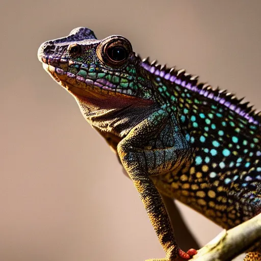 Image similar to An award winning photo of Tokay crocodile chameleon looking at the camera, cute, environmental portrait, wildlife photography, National Geographic, 4k