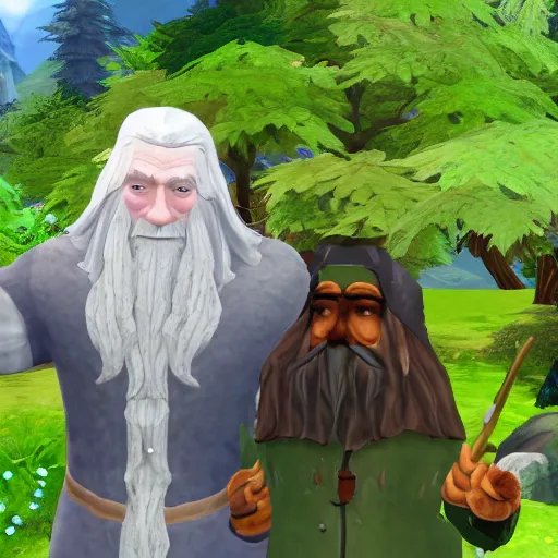 Prompt: dwarf meets gandalf in the forest in The Sims 4