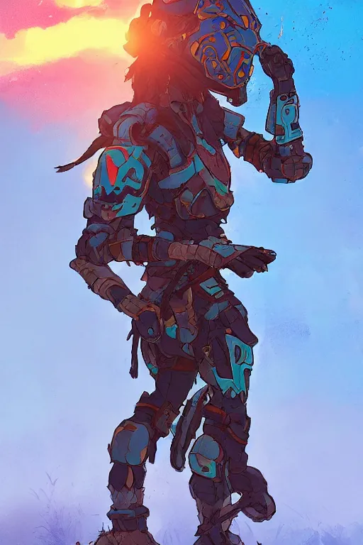 Image similar to combination suit armor aloy horizon forbidden west horizon zero dawn robot ninja mask helmet backpack tribal, art gta 5 comics, official fanart behance hd artstation by jesper ejsing, by rhads, makoto shinkai and lois van baarle, ilya kuvshinov, ossdraws radiating a glowing aura cgi rtx 2 0 2 2