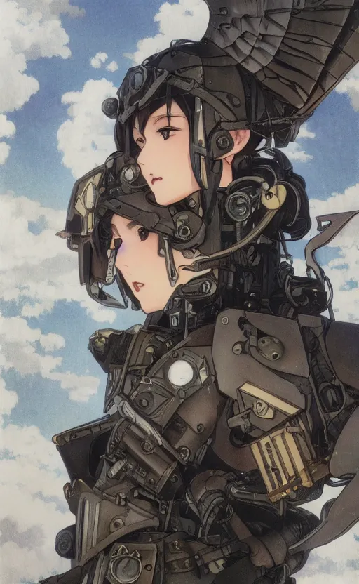 Image similar to mechanized valkyrie, anime style, world war 2, vintage clothing, spread wings, short hair, hair down, symmetrical facial features, from arknights, hyper realistic, 4 k, rule of thirds, extreme detail, detailed drawing, safebooru, hd, d & d, realistic lighting, by alphonse mucha, greg rutkowski, backlit