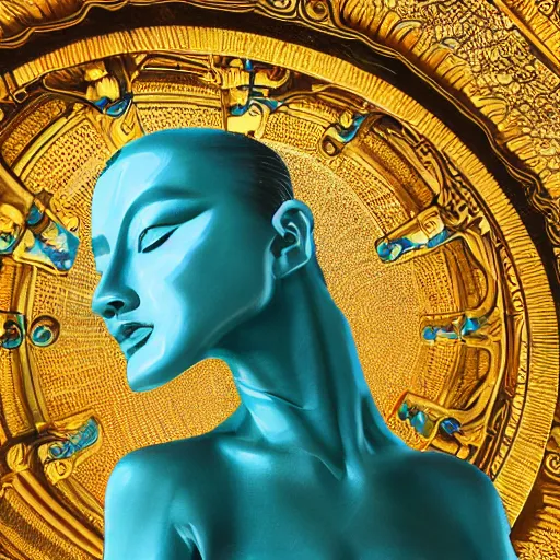 Prompt: impressionistic painting of teal chinese abstract statue shattered standing in god rays, beautiful female body and golden glue dripping acrylic portrait, mechanical superstructure, sacred geometry, supermodel body, beautiful light, statue of carving marble, intricate 8 k render, dark mood, cinematic light, golden spirals, clockwork