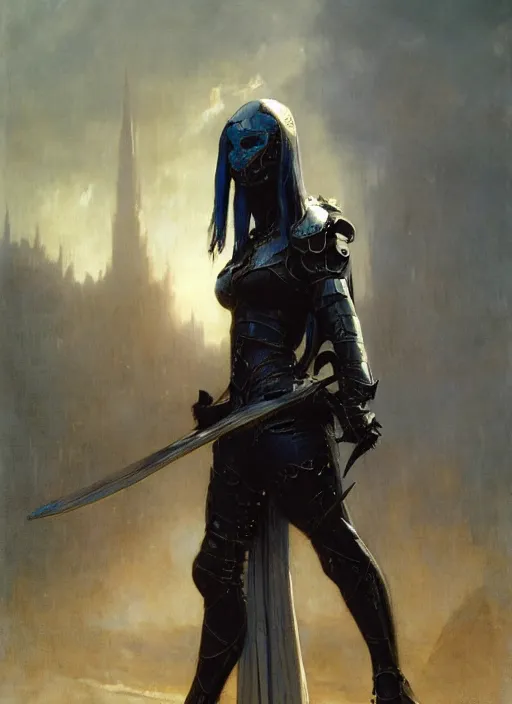 Image similar to beautiful blue eyed woman wearing simple black medieval armour, detailed by gaston bussiere, bayard wu, greg rutkowski, giger, maxim verehin, greg rutkowski, masterpiece, sharp focus, cinematic lightning