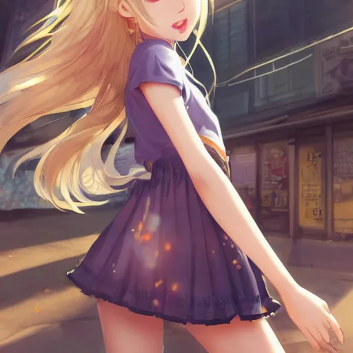 Image similar to a very beautiful anime girl, full body, long golden hair, sky blue eyes, full round face, short smile, mini jeans skirt, cute top, urban setting, cinematic lighting, medium shot, mid-shot, highly detailed, trending on Artstation, Unreal Engine 4k, cinematic wallpaper by Stanley Artgerm Lau, WLOP, Rossdraws, James Jean, Andrei Riabovitchev, Marc Simonetti, and Sakimichan