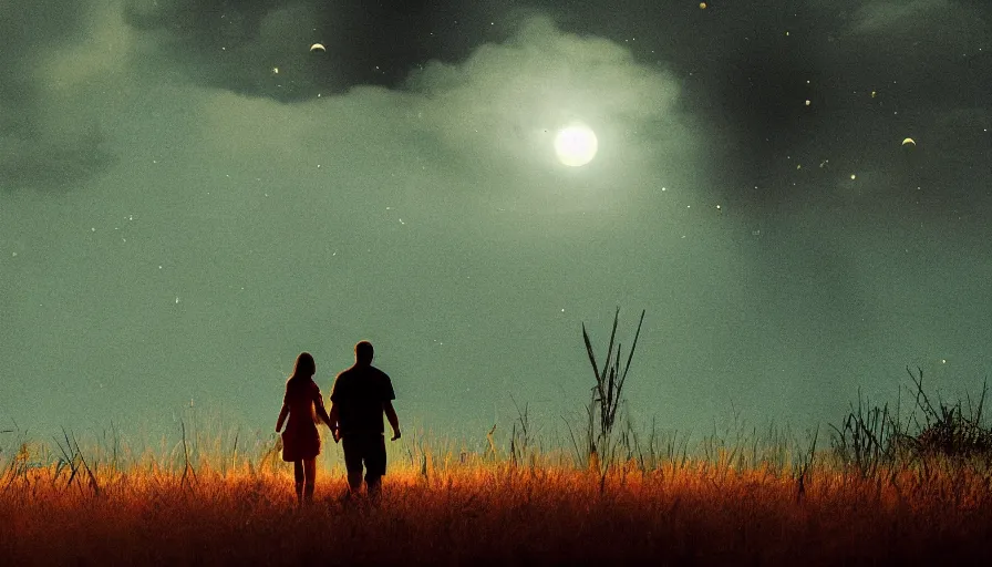 Image similar to a couple walking in the middle of fireflies the color of the moon, cinematic lighting, wow, establishing shot