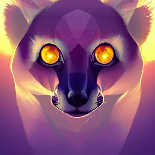 Image similar to Geometric symmetrical lemur, sun in the background, intricate, elegant, highly detailed, digital painting, artstation, concept art, smooth, sharp focus, illustration, art by artgerm