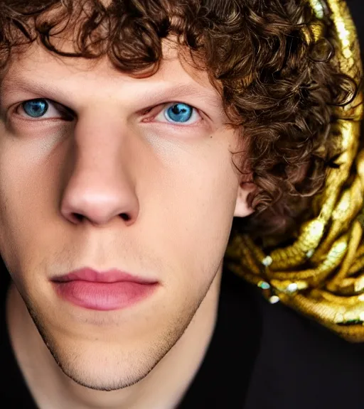 Image similar to detailed attractive characther portrait of jesse eisenberg wearing oversized snake skin jacket and golden chain, realistic, wide angle, dramatic light 8 k