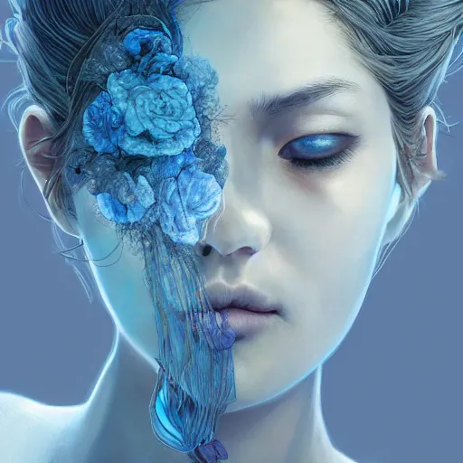 Image similar to the portrait of a blueberry that resembles an absurdly beautiful, graceful, elegant, sophisticated, lovely young woman, an ultrafine hyperdetailed illustration by kim jung gi, irakli nadar, intricate linework, bright colors, octopath traveler, final fantasy, unreal engine 5 highly rendered, global illumination, radiant light, detailed and intricate environment